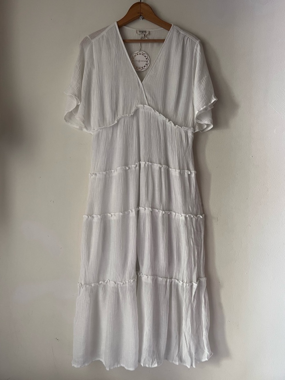 NWT Umgee V-Neck Midi Tiered White Dress Sz Large Flutter Sleeves Lined